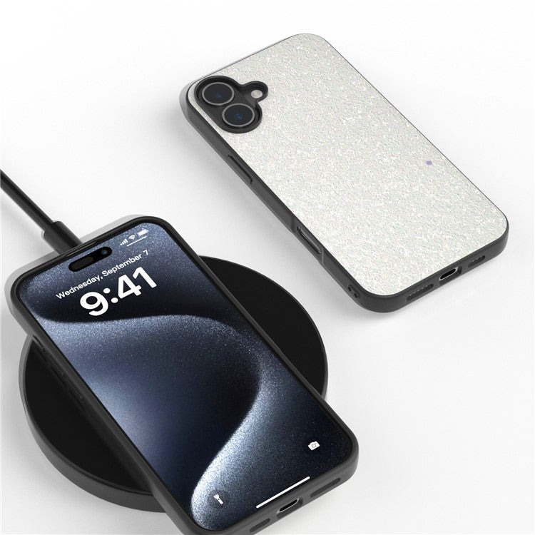 For iPhone 16 Case Glitter PU Covered PC+TPU Phone Shell - White