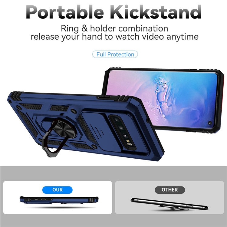 Slide Camera Protector Phone Case for Samsung Galaxy S10 Plus, PC + TPU Anti-drop Cover with Metal Ring Kickstand - Blue