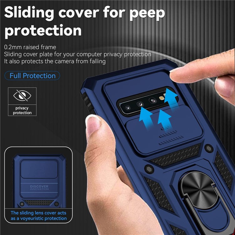 Slide Camera Protector Phone Case for Samsung Galaxy S10 Plus, PC + TPU Anti-drop Cover with Metal Ring Kickstand - Blue