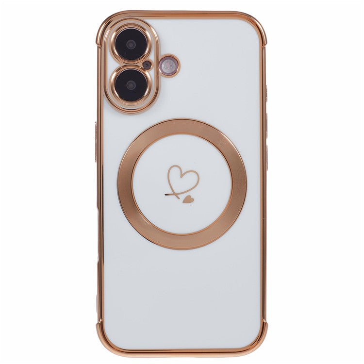 For iPhone 16 Case Compatible with MagSafe Electroplated TPU Phone Cover Hollow Love Hearts - Ivory White