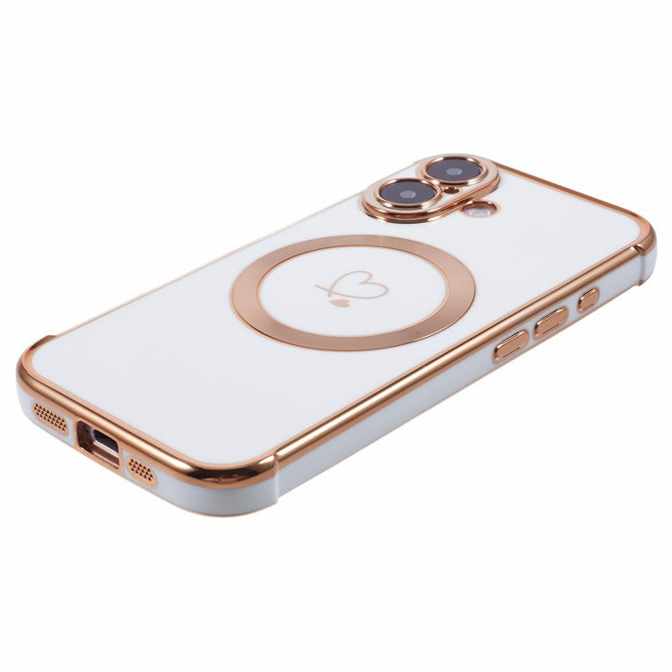 For iPhone 16 Case Compatible with MagSafe Electroplated TPU Phone Cover Hollow Love Hearts - Ivory White