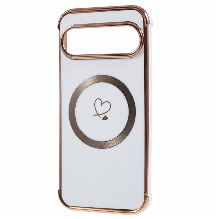 For Google Pixel 9 / Pixel 9 Pro Case Compatible with MagSafe Electroplated TPU Phone Cover Hollow Love Hearts - Ivory White