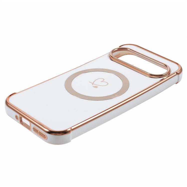 For Google Pixel 9 / Pixel 9 Pro Case Compatible with MagSafe Electroplated TPU Phone Cover Hollow Love Hearts - Ivory White