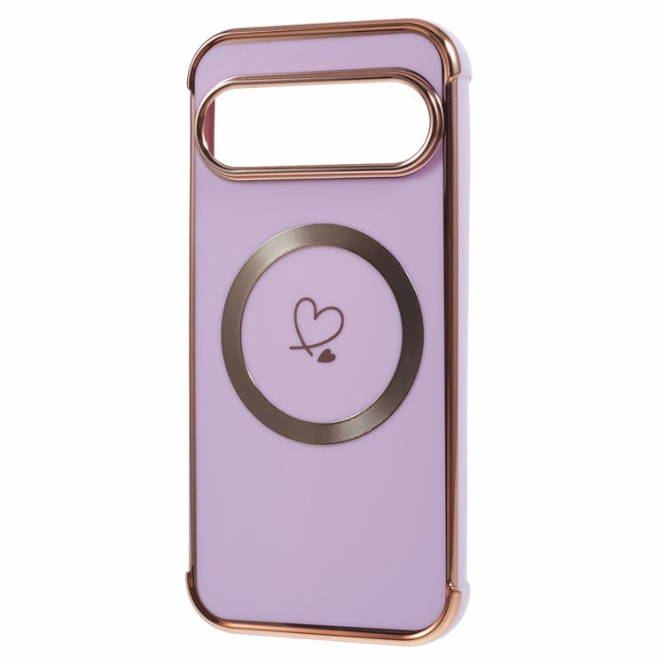 For Google Pixel 9 / Pixel 9 Pro Case Compatible with MagSafe Electroplated TPU Phone Cover Hollow Love Hearts - Purple