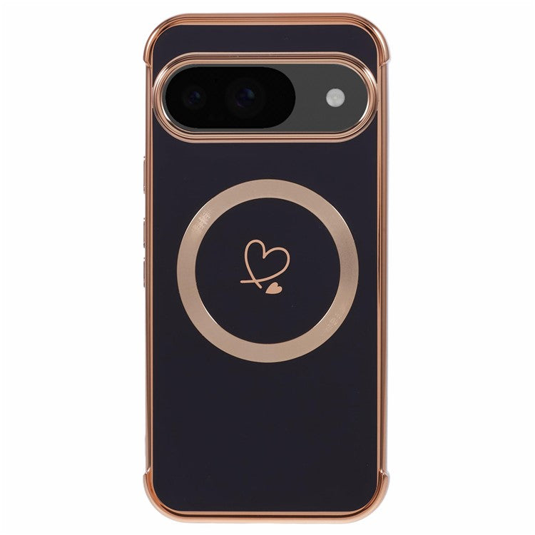 For Google Pixel 9 / Pixel 9 Pro Case Compatible with MagSafe Electroplated TPU Phone Cover Hollow Love Hearts - Black