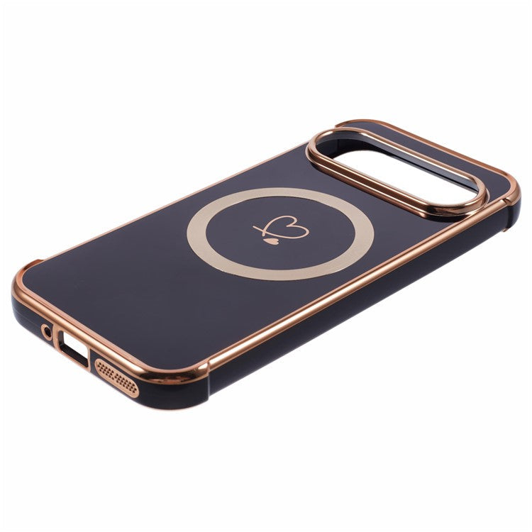 For Google Pixel 9 / Pixel 9 Pro Case Compatible with MagSafe Electroplated TPU Phone Cover Hollow Love Hearts - Black