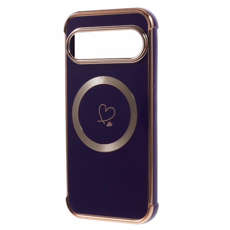 For Google Pixel 9 / Pixel 9 Pro Case Compatible with MagSafe Electroplated TPU Phone Cover Hollow Love Hearts - Dark Purple