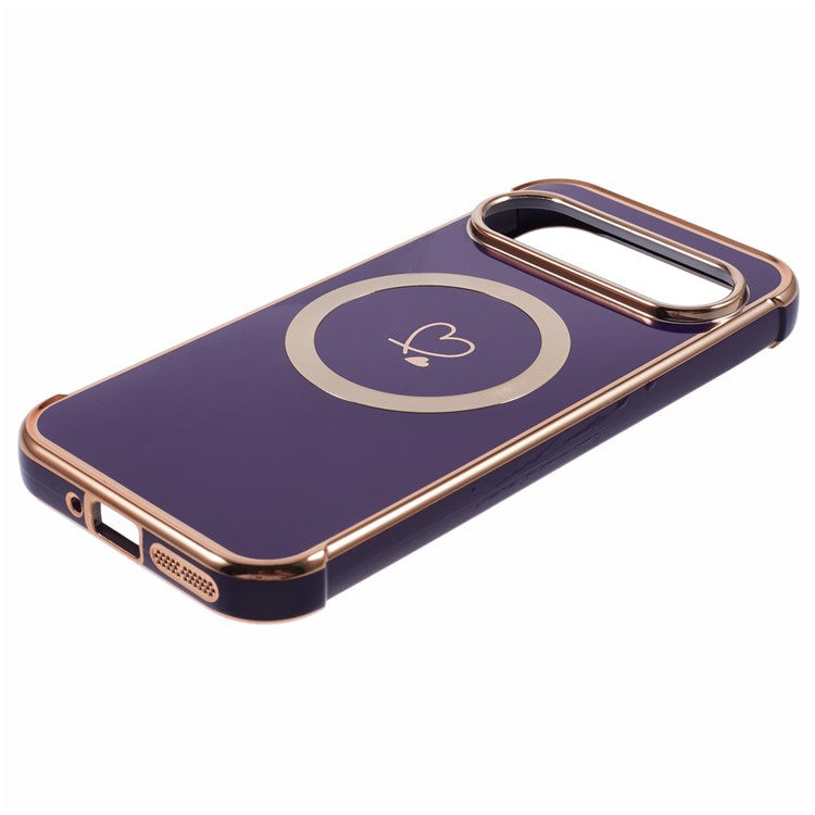 For Google Pixel 9 / Pixel 9 Pro Case Compatible with MagSafe Electroplated TPU Phone Cover Hollow Love Hearts - Dark Purple