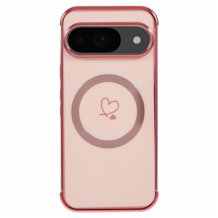 For Google Pixel 9 / Pixel 9 Pro Case Compatible with MagSafe Electroplated TPU Phone Cover Hollow Love Hearts - Rose Pink