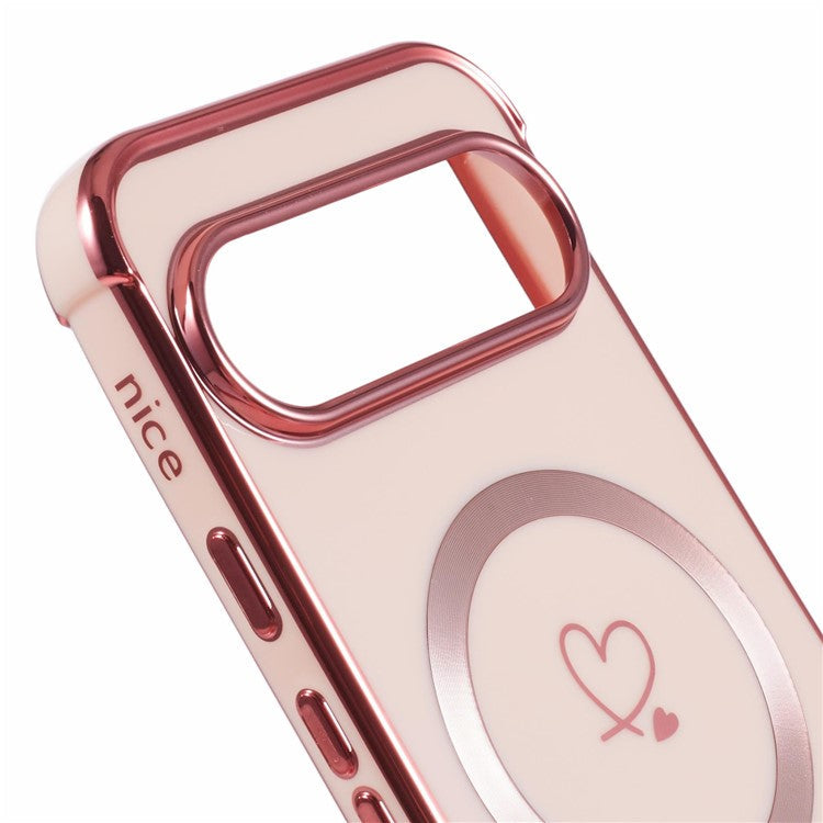 For Google Pixel 9 / Pixel 9 Pro Case Compatible with MagSafe Electroplated TPU Phone Cover Hollow Love Hearts - Rose Pink