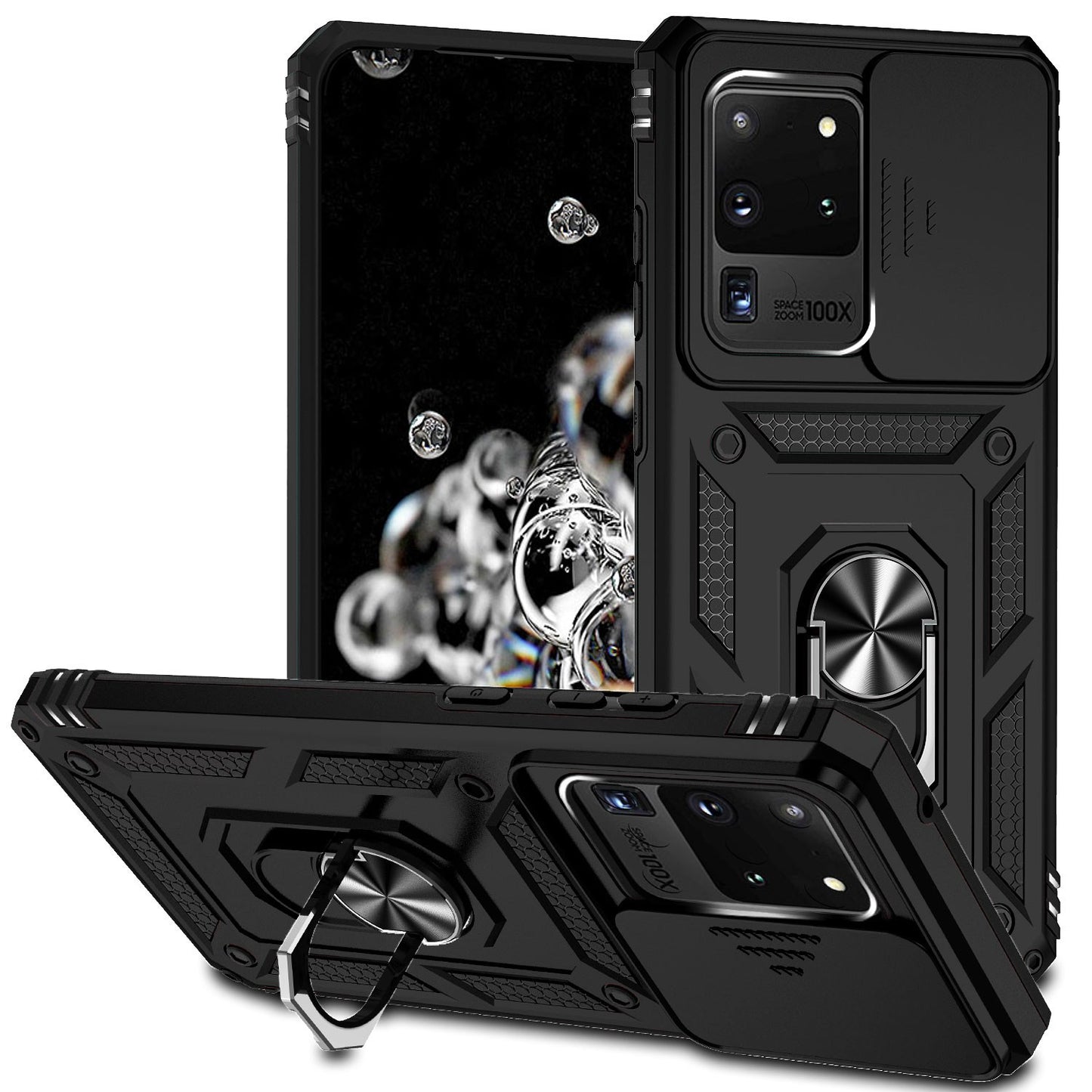 Hard PC + Soft TPU Phone Case for Samsung Galaxy S20 Ultra, Metal Ring Kickstand Anti-drop Cover with Slide Camera Protection - Black
