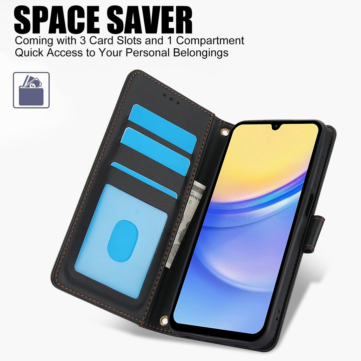 SY-003 For Samsung Galaxy A06 Case PU Leather Stand View Phone Wallet Cover with Hand Strap - Black