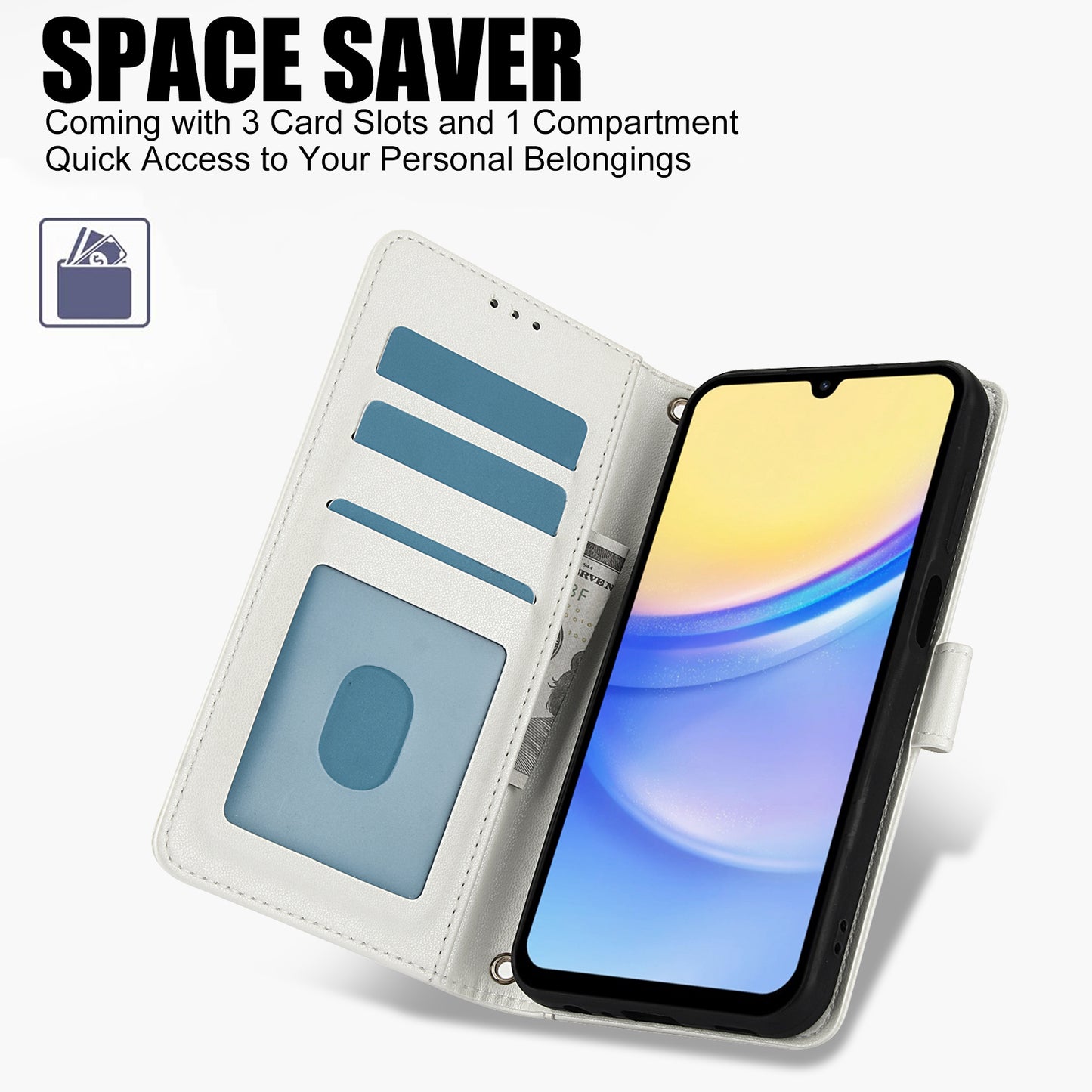 SY-003 For Samsung Galaxy A06 Case PU Leather Stand View Phone Wallet Cover with Hand Strap - White