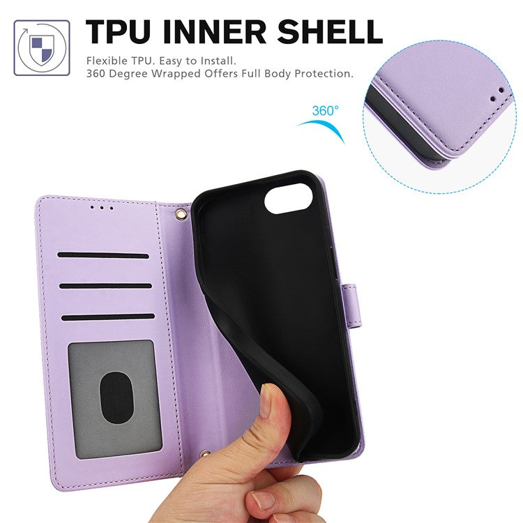 SY-003 For iPhone 16e Case PU Leather Stand View Phone Wallet Cover with Hand Strap - Purple