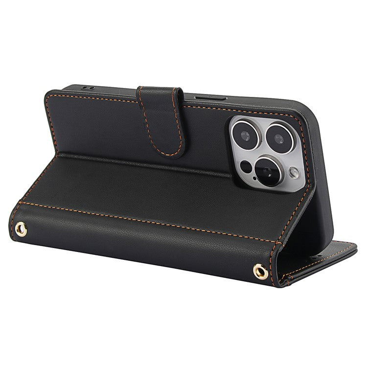 SY-003 For iPhone 16 Pro Case PU Leather Stand View Phone Wallet Cover with Hand Strap - Black