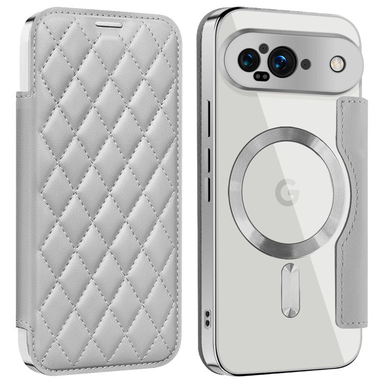 For Google Pixel 9 Case Compatible with MagSafe Rhombus PU Leather Phone Cover - Titanium Grey