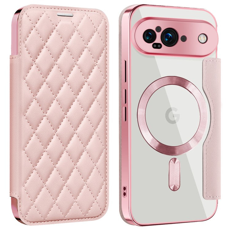 For Google Pixel 9 Case Compatible with MagSafe Rhombus PU Leather Phone Cover - Pink