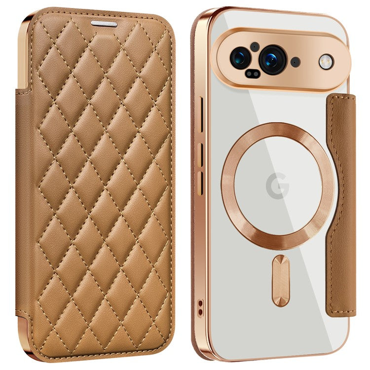 For Google Pixel 9 Case Compatible with MagSafe Rhombus PU Leather Phone Cover - Brown