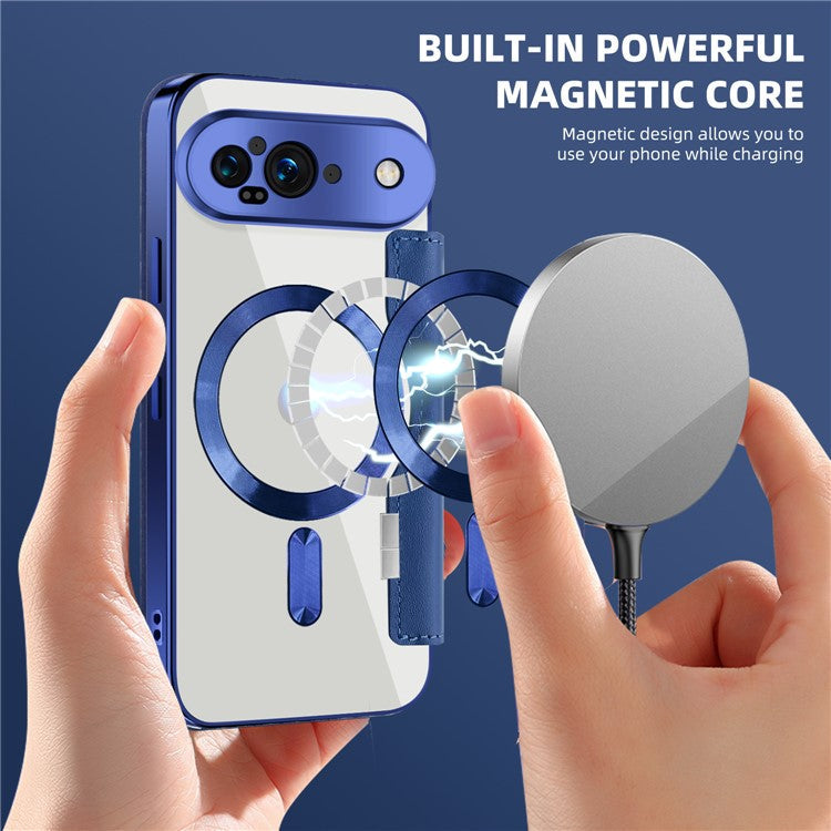 For Google Pixel 9 Case Compatible with MagSafe Rhombus PU Leather Phone Cover - Sapphire