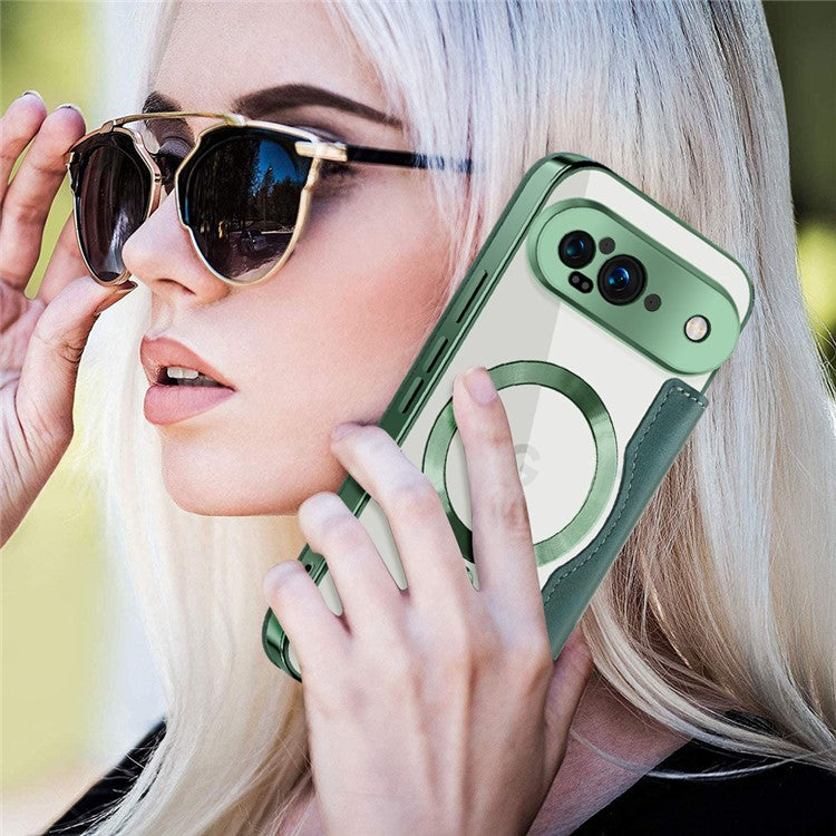 For Google Pixel 9 Case Compatible with MagSafe Rhombus PU Leather Phone Cover - Blackish Green