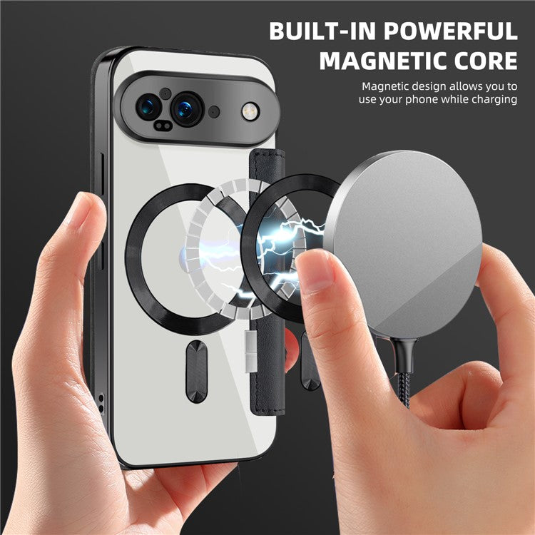 For Google Pixel 9 Case Compatible with MagSafe Rhombus PU Leather Phone Cover - Black