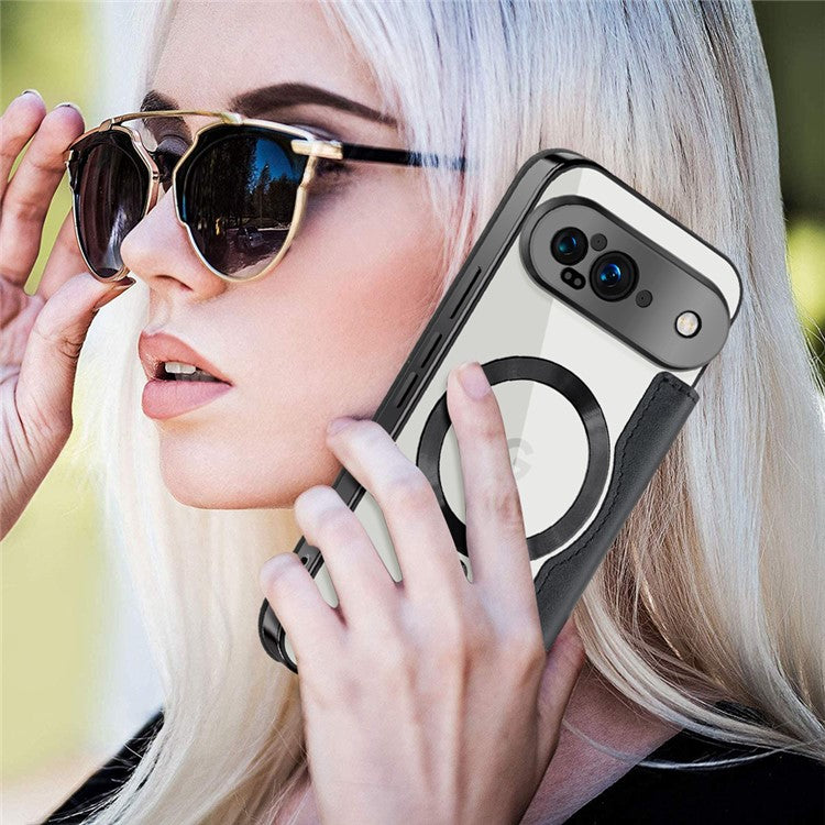 For Google Pixel 9 Case Compatible with MagSafe Rhombus PU Leather Phone Cover - Black