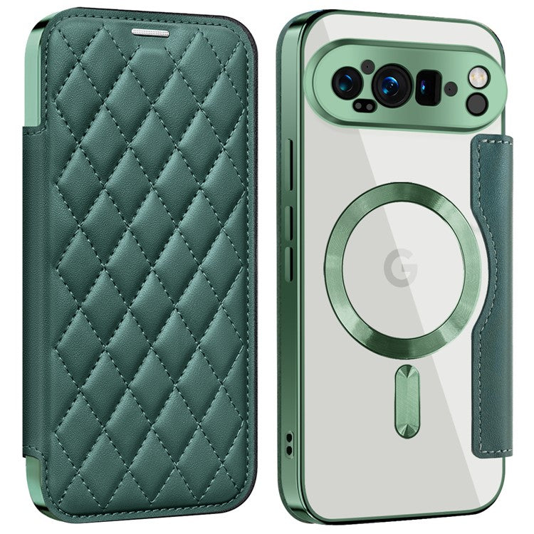 For Google Pixel 9 Pro XL Case Compatible with MagSafe Rhombus PU Leather Phone Cover - Blackish Green
