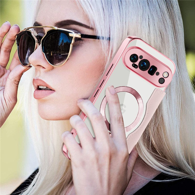 For Google Pixel 9 Pro XL Case Compatible with MagSafe Rhombus PU Leather Phone Cover - Pink