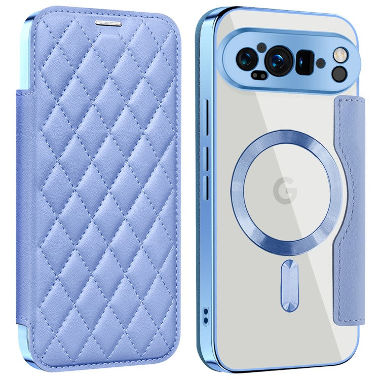 For Google Pixel 9 Pro XL Case Compatible with MagSafe Rhombus PU Leather Phone Cover - Blue