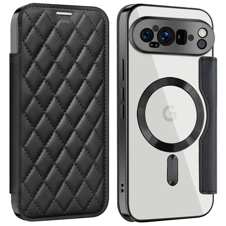 For Google Pixel 9 Pro XL Case Compatible with MagSafe Rhombus PU Leather Phone Cover - Black