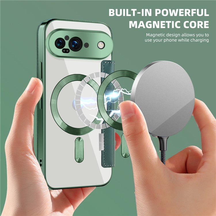 For Google Pixel 9 Case Compatible with MagSafe RFID Blocking Leather Phone Cover - Blackish Green