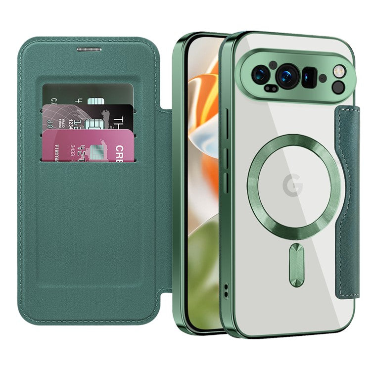 For Google Pixel 9 Pro XL Case Compatible with MagSafe RFID Blocking Leather Phone Cover - Blackish Green