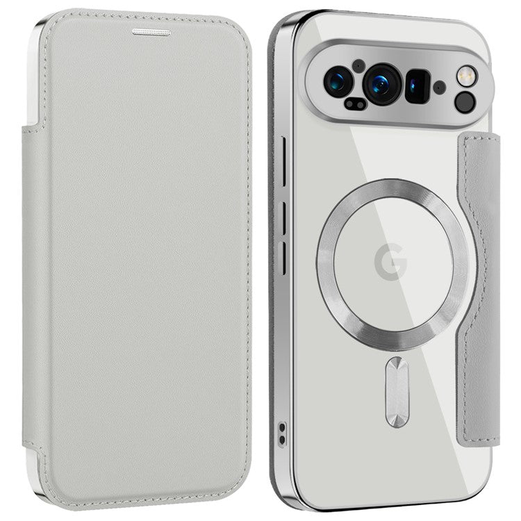 For Google Pixel 9 Pro XL Case Compatible with MagSafe RFID Blocking Leather Phone Cover - Titanium Grey