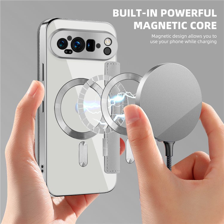 For Google Pixel 9 Pro XL Case Compatible with MagSafe RFID Blocking Leather Phone Cover - Titanium Grey