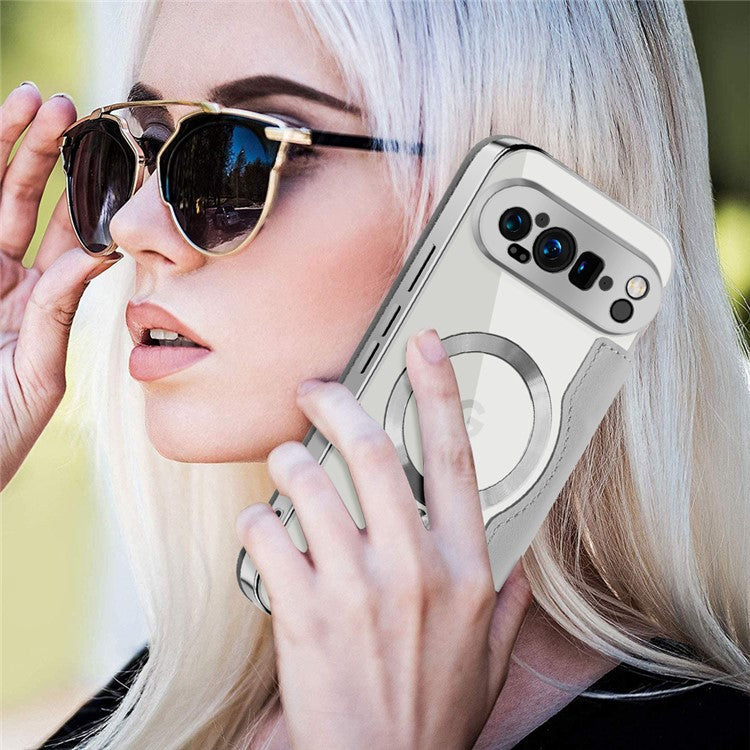 For Google Pixel 9 Pro XL Case Compatible with MagSafe RFID Blocking Leather Phone Cover - Titanium Grey