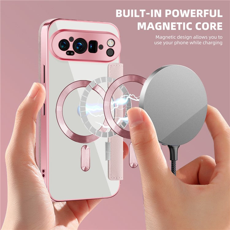 For Google Pixel 9 Pro XL Case Compatible with MagSafe RFID Blocking Leather Phone Cover - Pink