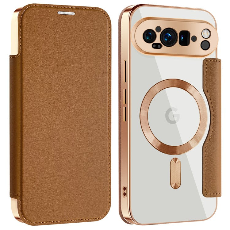 For Google Pixel 9 Pro XL Case Compatible with MagSafe RFID Blocking Leather Phone Cover - Brown