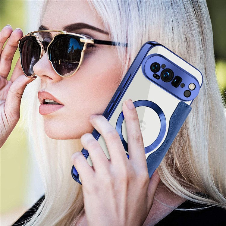 For Google Pixel 9 Pro XL Case Compatible with MagSafe RFID Blocking Leather Phone Cover - Sapphire