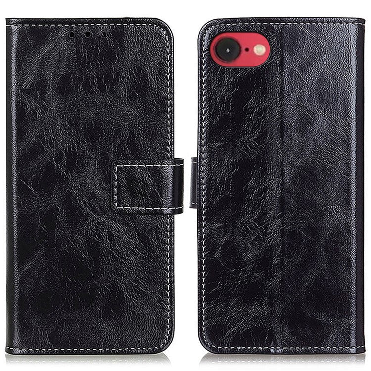 For iPhone 16e Case Crazy Horse Texture Leather Phone Wallet Cover - Black