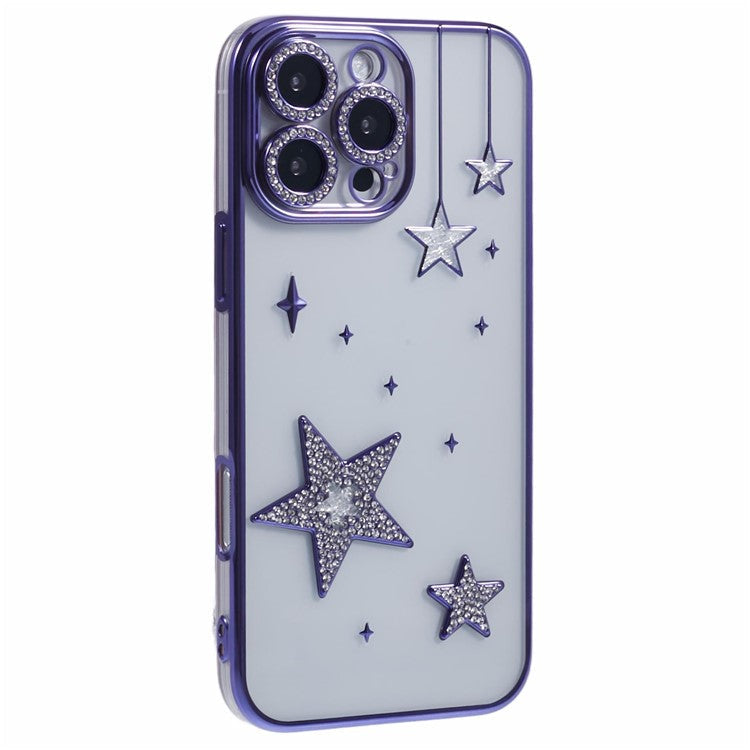 For iPhone 16 Pro Case 3D Bling Stars Electroplating TPU Clear Phone Case - Purple