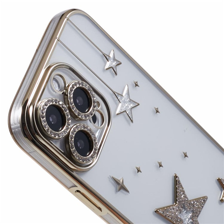 For iPhone 16 Pro Case 3D Bling Stars Electroplating TPU Clear Phone Case - Gold