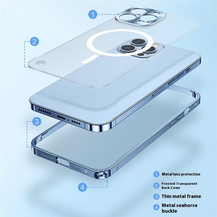 For iPhone 16 Pro Metal Clear Case Compatible with MagSafe Safety Lock Back Cover - Blue