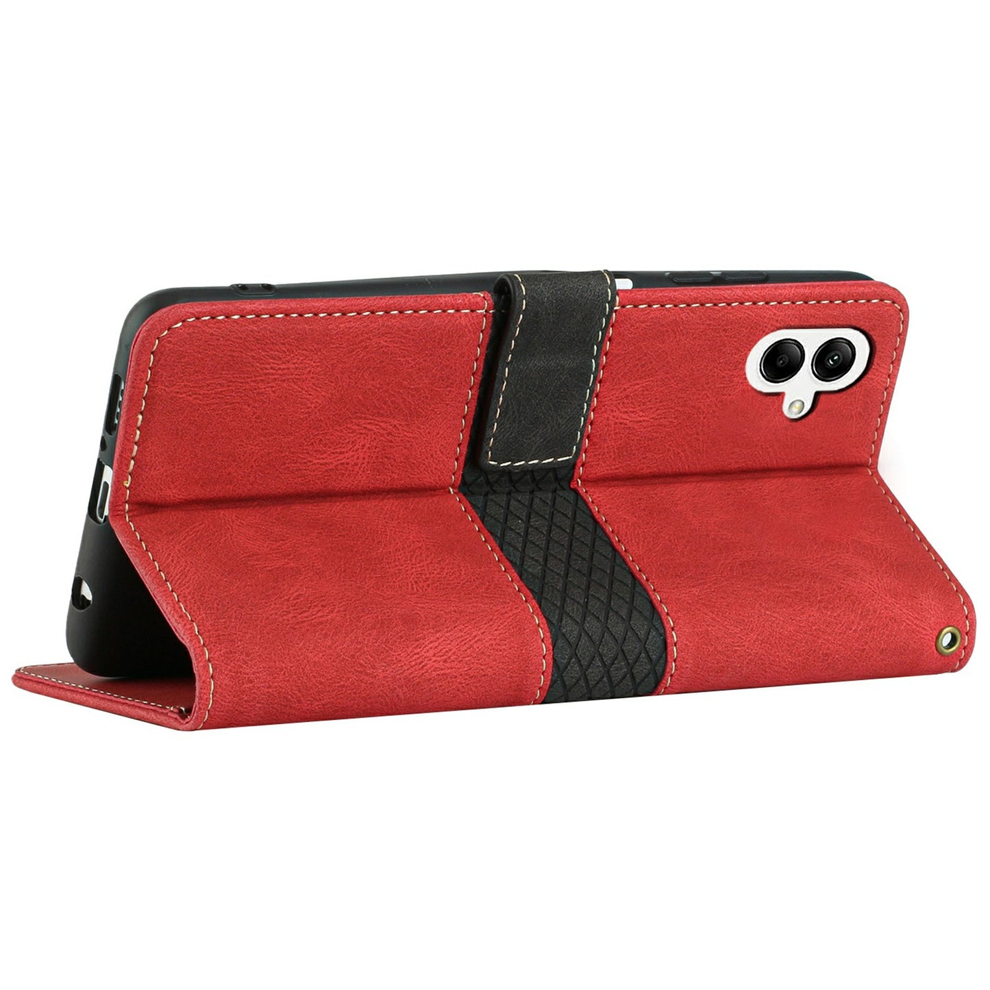 For Samsung Galaxy A06 Leather Case Grid Splicing Stand Wallet Phone Cover - Red