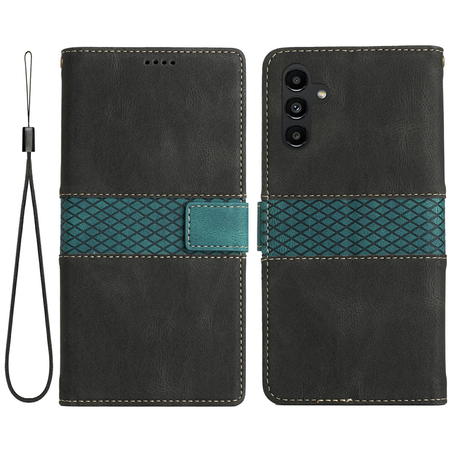 For Samsung Galaxy A16 5G / A16 4G Leather Case Grid Splicing Stand Wallet Phone Cover - Black