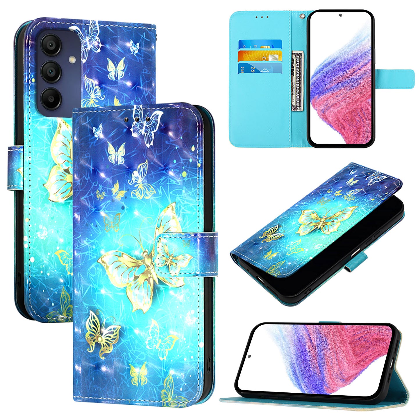 For Samsung Galaxy A16 5G / A16 4G Leather Case YB Pattern Printing Leather Series-2 Pattern Printing Wallet Stand Cover - Golden Butterflies