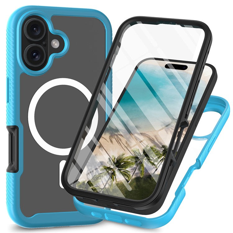 For iPhone 16 Magnetic Case PC+TPU Phone Cover with PET Screen Film All-Around Protection - Baby Blue