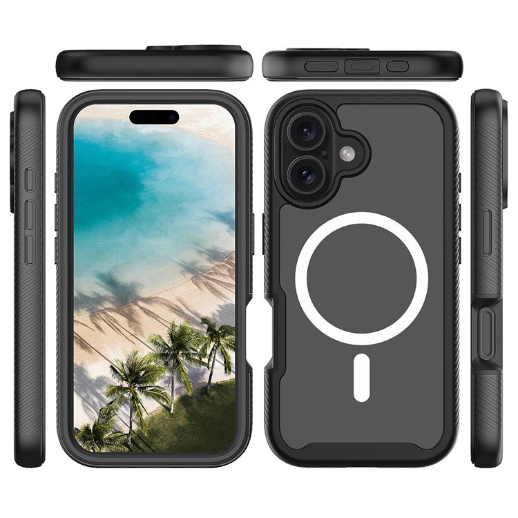 For iPhone 16 Magnetic Case PC+TPU Phone Cover with PET Screen Film All-Around Protection - Baby Blue