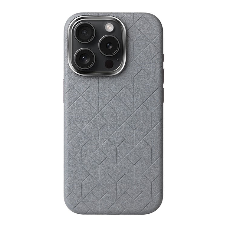 For iPhone 16 Pro Case Imprinted Anti-Fingerprint PU+TPU Phone Cover with Metal Buttons - Grey