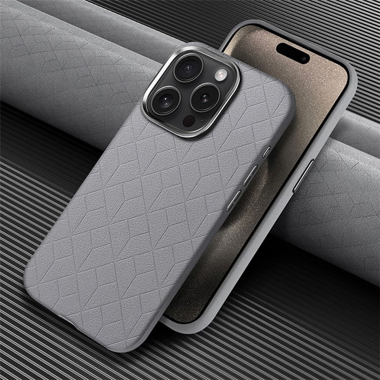 For iPhone 16 Pro Case Imprinted Anti-Fingerprint PU+TPU Phone Cover with Metal Buttons - Grey