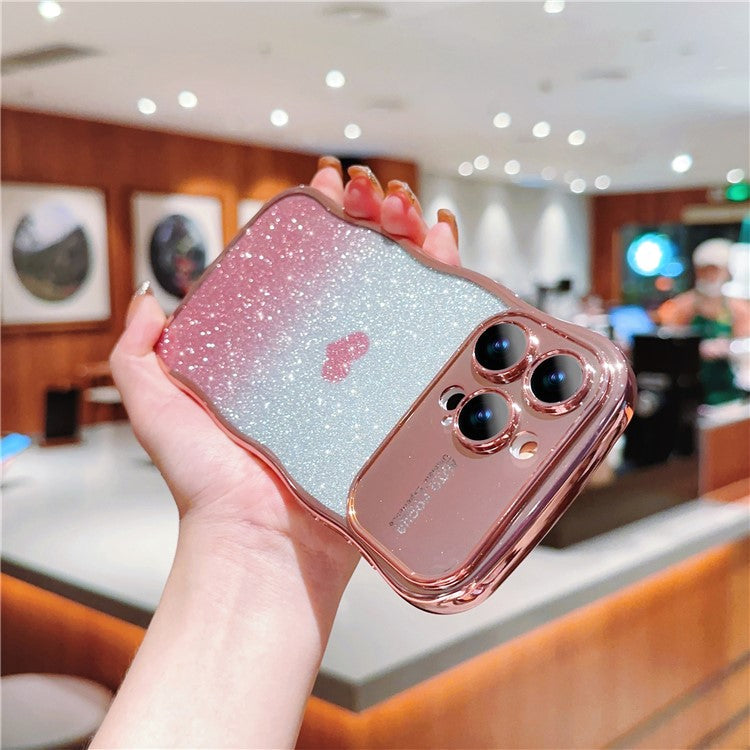 For iPhone 16 Pro Case Love Heart Gradient Glitter TPU Phone Cover Electroplating Curly Frame - Rose Pink